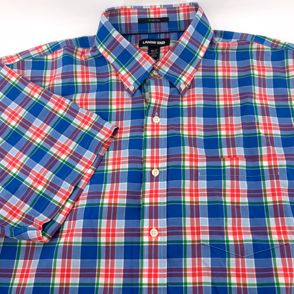 Lands End Mens XL Tall No Iron Twill Plaid Button Down Shirt Blue Red Green